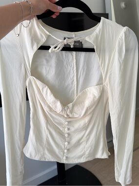 Reformation Cream Long-Sleeve Sweetheart Button-Front Top with Tie Back